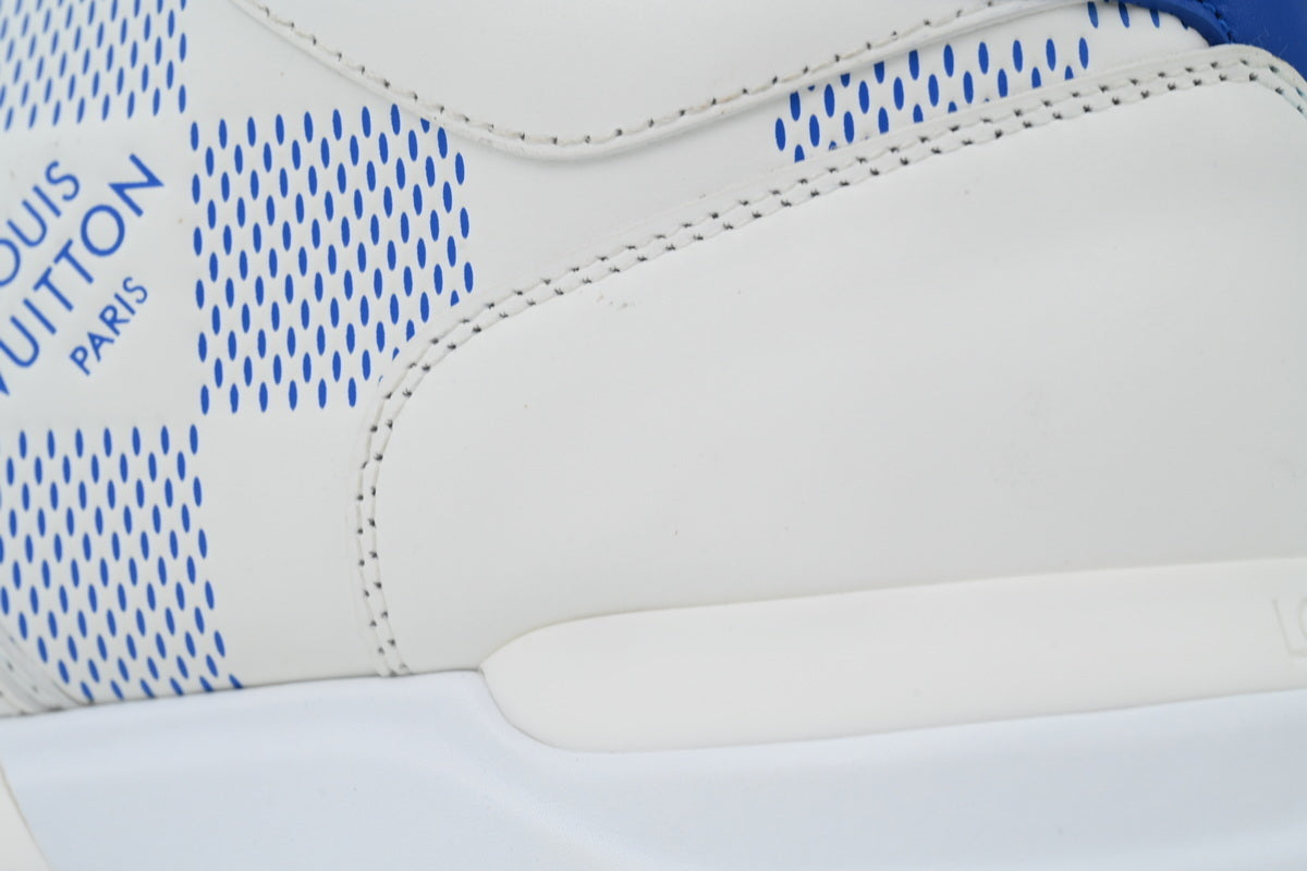 close up White & Blue Check-Pattern Leather Runner Sneaker – Athletic