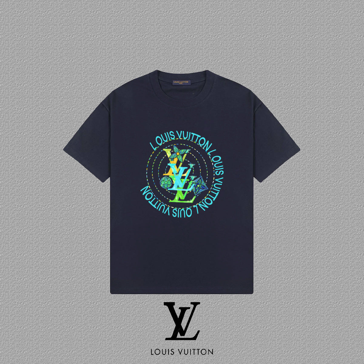 Navy blue t-shirt with colorful graphic on a gray background