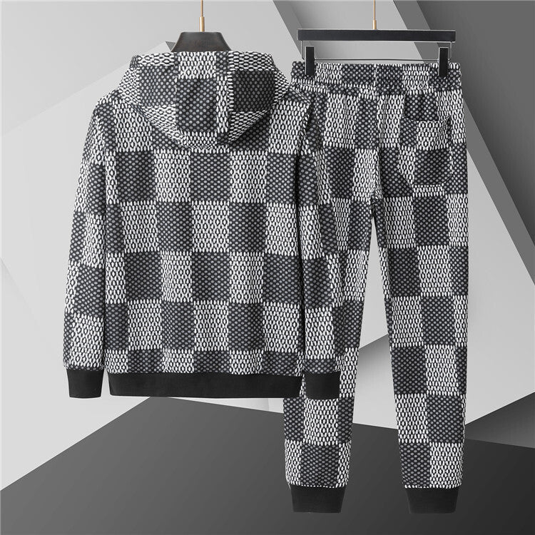 Luxury Checkerboard Tracksuit – Black & White Zip Hoodie Set