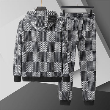 Luxury Checkerboard Tracksuit – Black & White Zip Hoodie Set