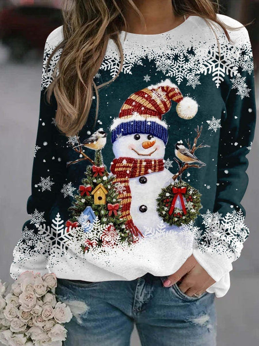 Snowman Printed Panel Loose Sweater – Casual Holiday Knit for Women