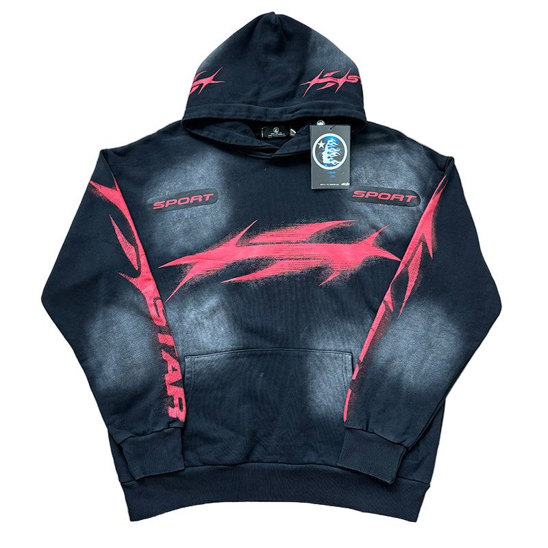 Black hoodie with red designs 