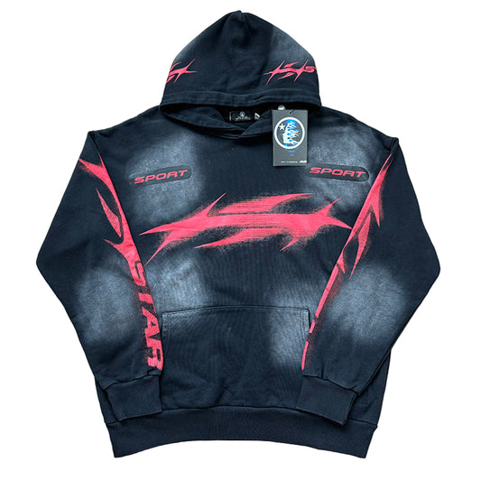 Black hoodie with red designs 