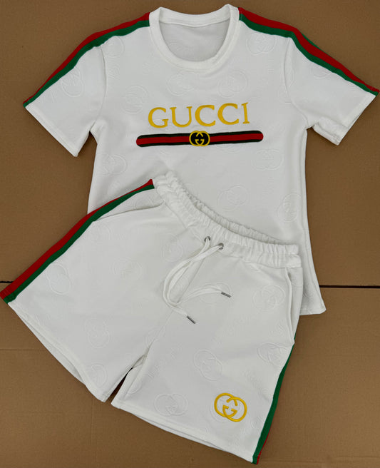Luxury Vintage-Inspired White Graphic Tee & Shorts Set