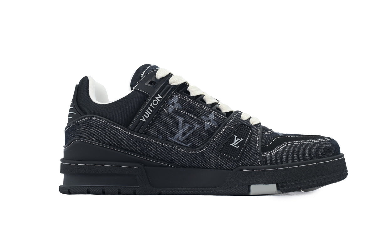Dark Denim Monogram-Style Sneakers – Luxury Street Trainer side v