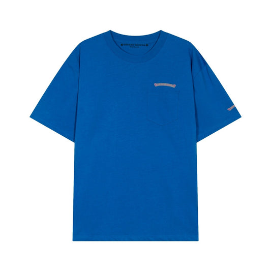 Blue t-shirt with a small graphicon a white background