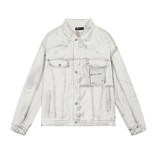 White Iridescent Foil Oversized Denim Jacket – Distressed Street Style