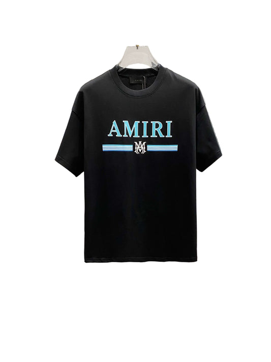 Luxury Bar Logo Cotton T-Shirt – Black & Light Blue Graphic Tee front