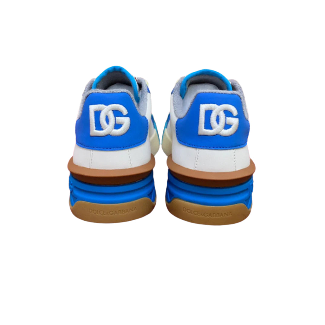 DOLCE & GABBANA Shoes White Blue Leather Logo Low Top Sneakers - TruVybe Essentials