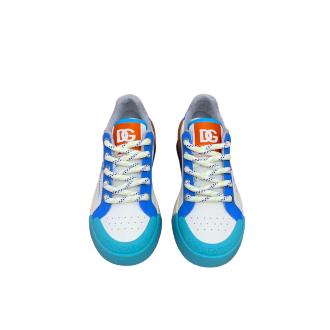 DOLCE & GABBANA Shoes White Blue Leather Logo Low Top Sneakers - TruVybe Essentials