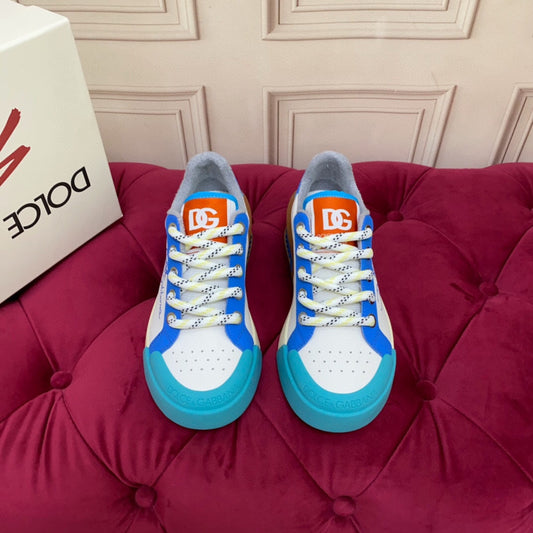 DOLCE & GABBANA Shoes White Blue Leather Logo Low Top Sneakers - TruVybe Essentials
