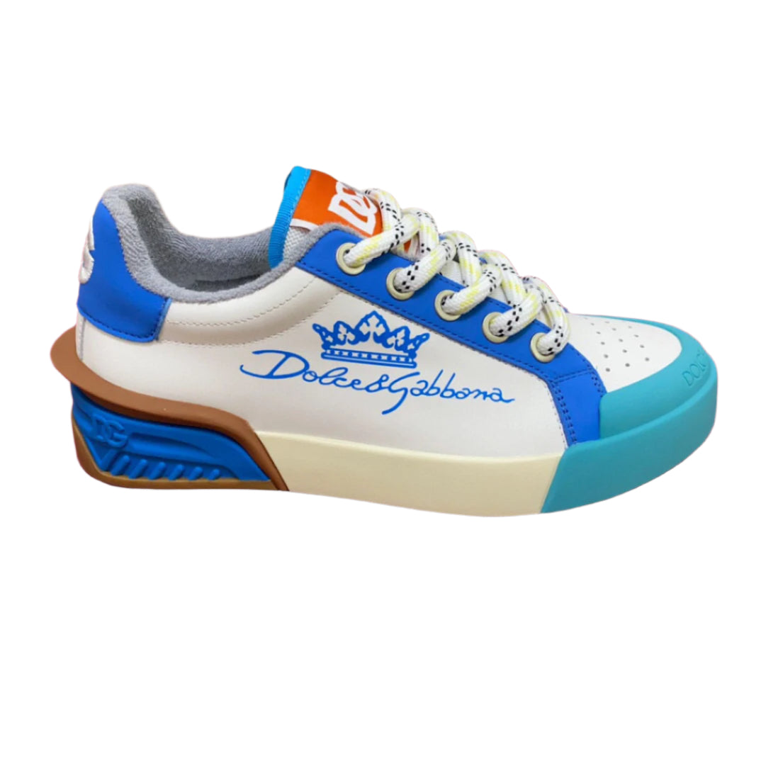 DOLCE & GABBANA Shoes White Blue Leather Logo Low Top Sneakers - TruVybe Essentials