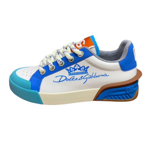 DOLCE & GABBANA Shoes White Blue Leather Logo Low Top Sneakers - TruVybe Essentials