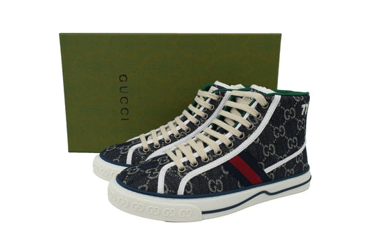 Denim Monogram High-Top Sneakers – Black/Ivory Retro Court Style