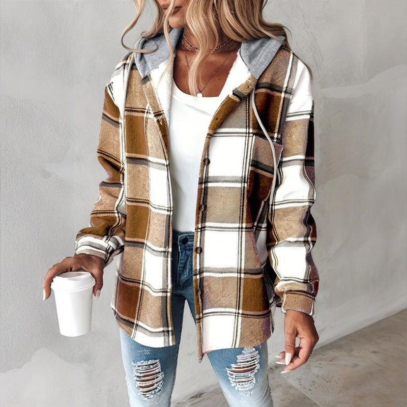 Plaid Drawstring Hoodie Shirt