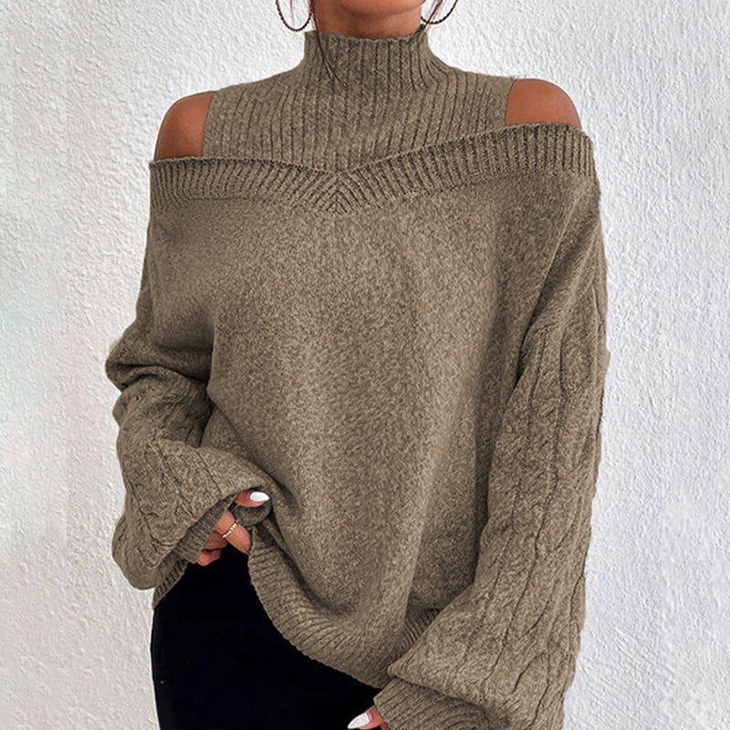 Women's Cold Shoulder Sweater - High Neck Cut Out Pullover Long Sleeve Top