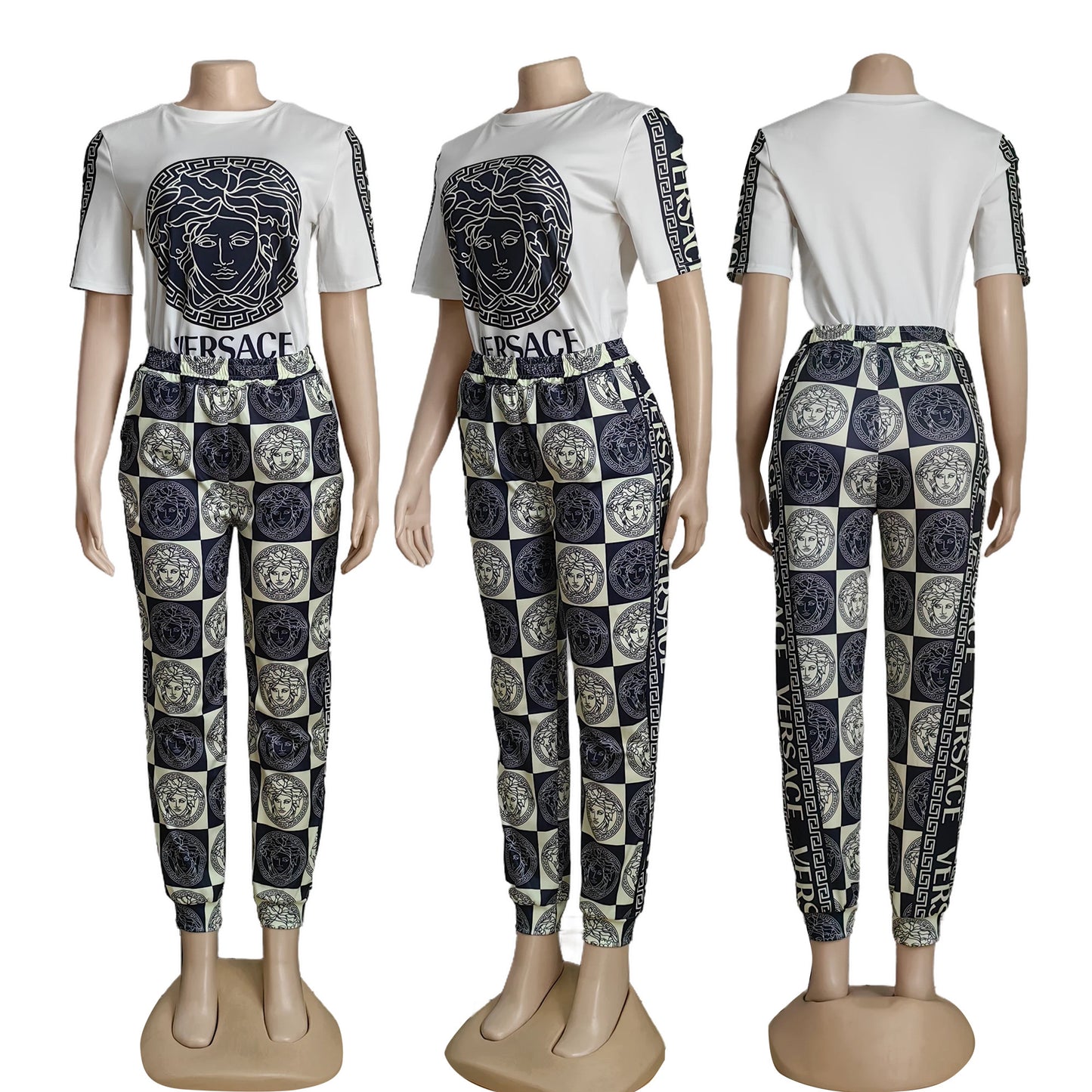  outfit with white t-shirt and patterned pants on mannequins