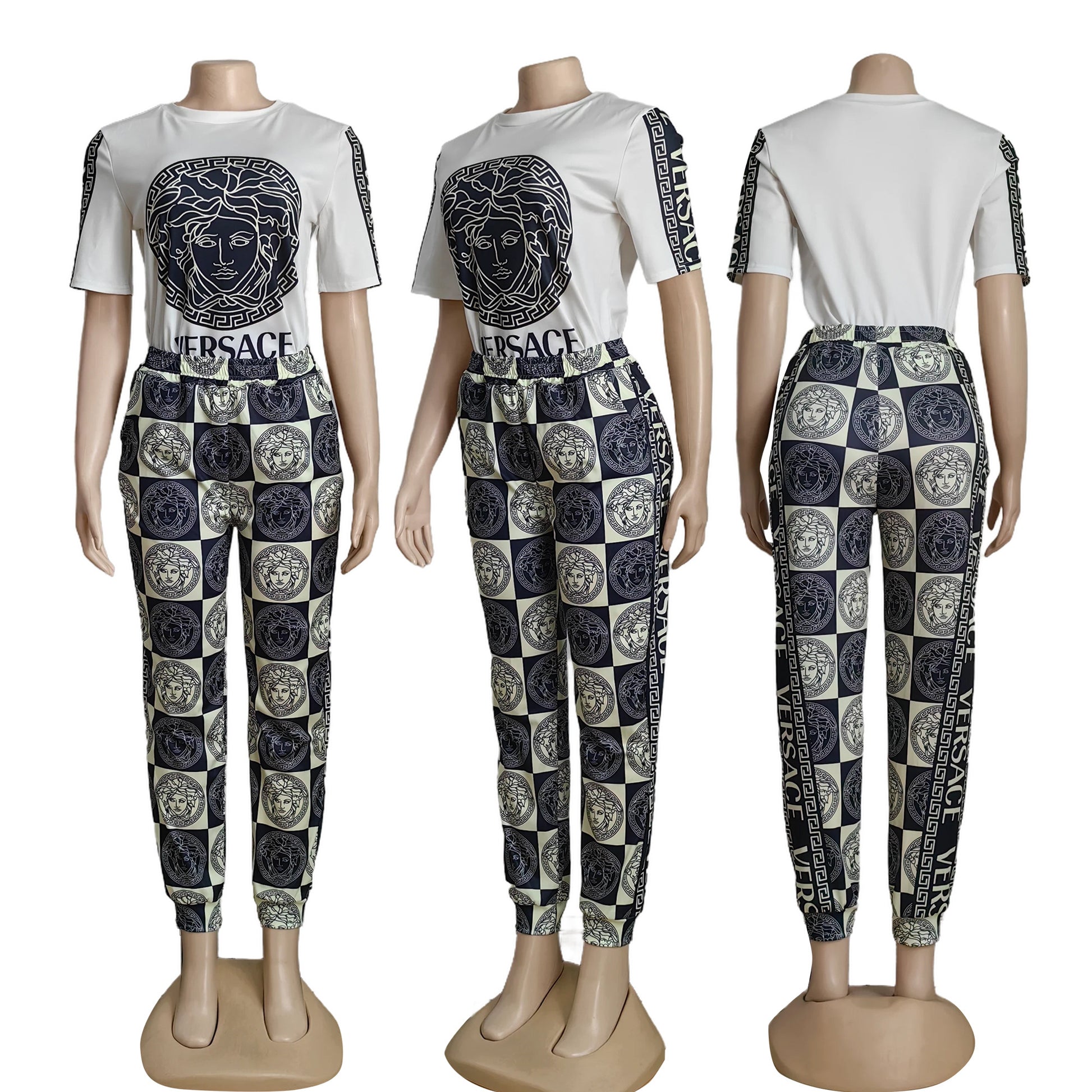  outfit with white t-shirt and patterned pants on mannequins