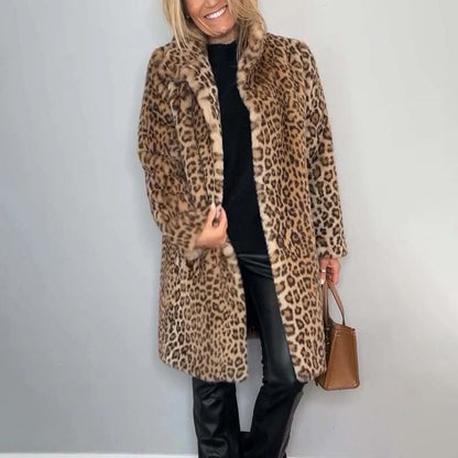 Leopard Print Plush Jacket — Cozy Loose-Fit Mid-Length Outwear