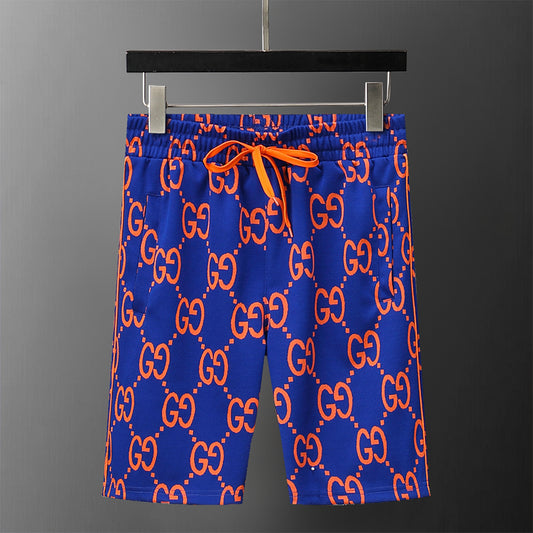 Luxury Jacquard Shorts – Blue & Orange Monogram Style