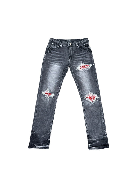 Distressed Skinny Jeans w/ Red Flannel Patches – Premium Rock Denim