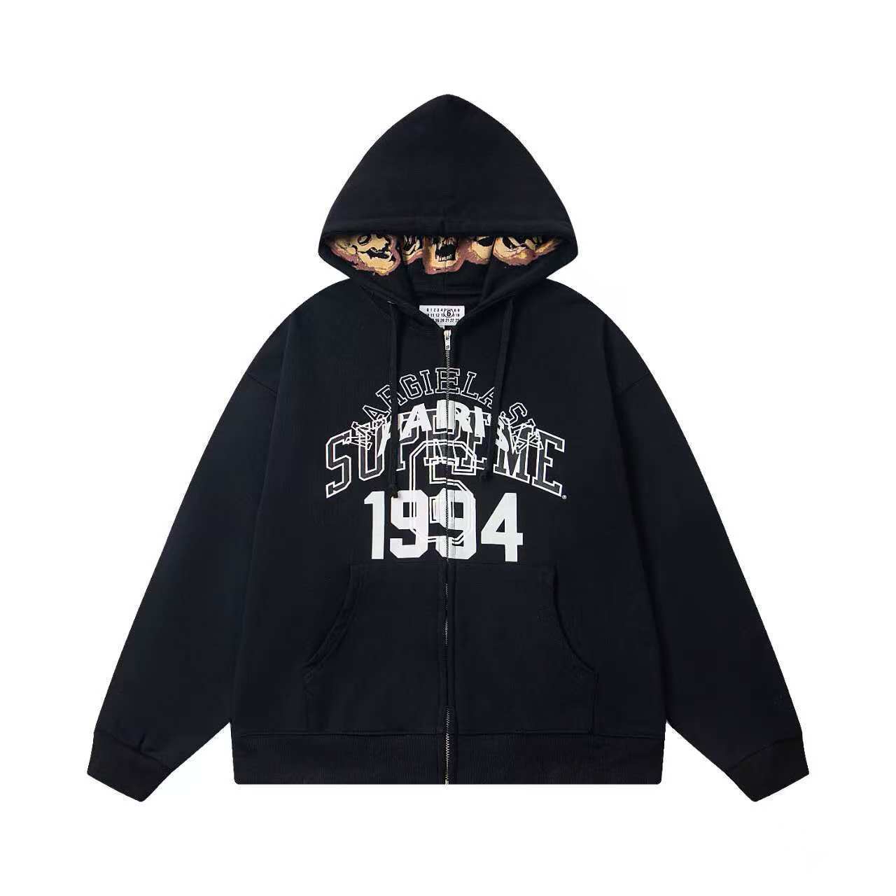 Black hoodie with white text on a white background