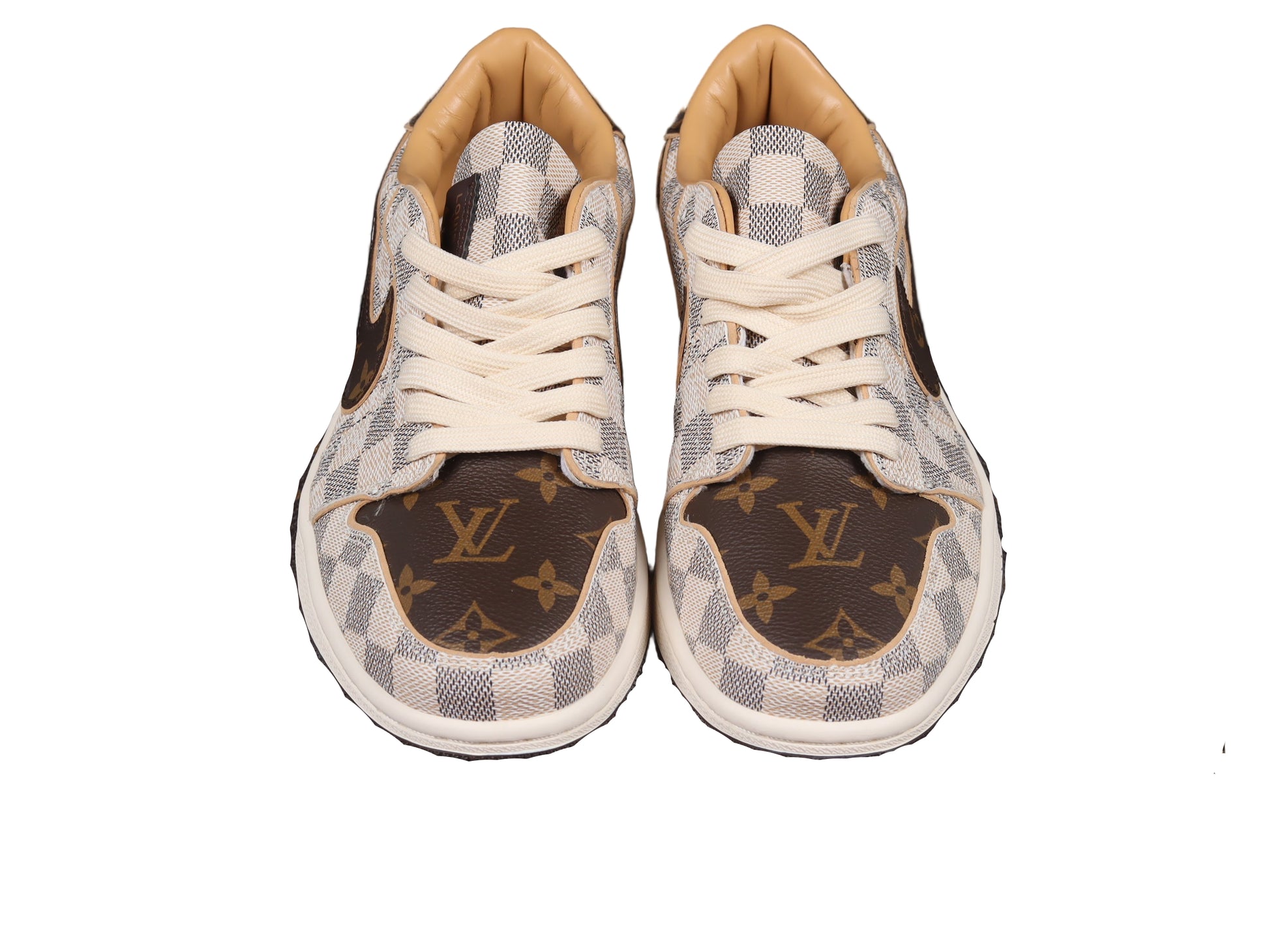  sneakers with monogram pattern on a black background