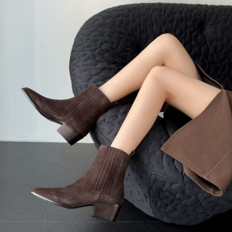 Women’s Retro Square-Toe Mid-Heel Chunky Leather Boots