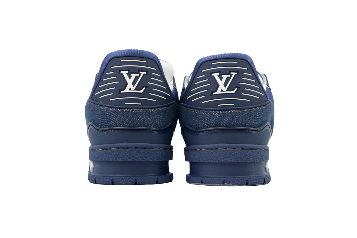 Navy blue sneakers with white  graphic on a white background