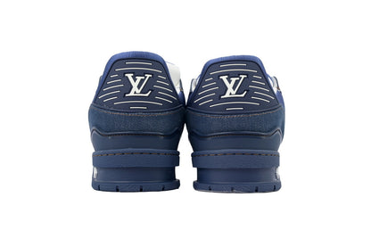 Navy blue sneakers with white  graphic on a white background