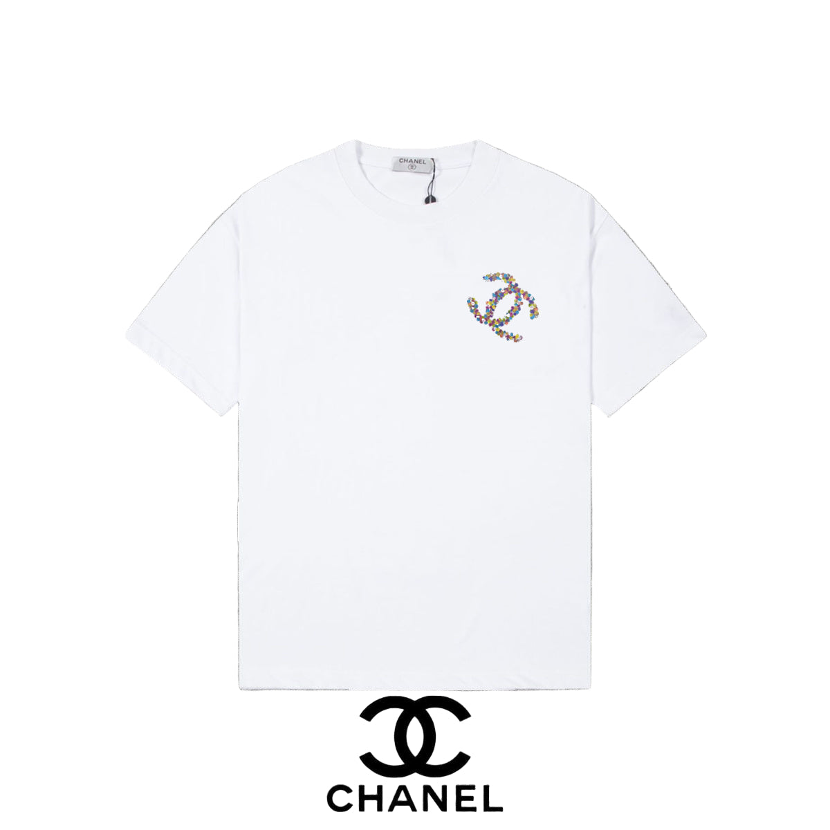 White t-shirt with colorful graphic 