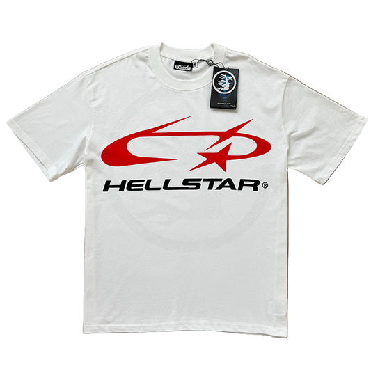 White t-shirt with red and black graphic