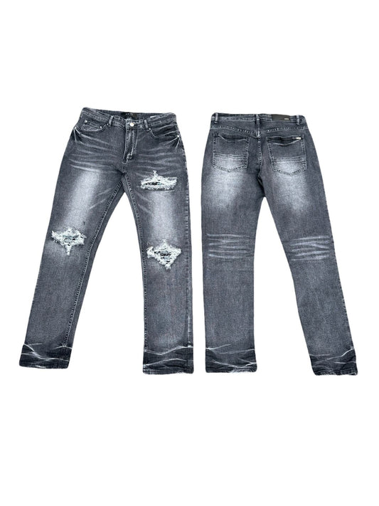 Black Distressed Straight-Leg Denim Jeans with Belt Loops