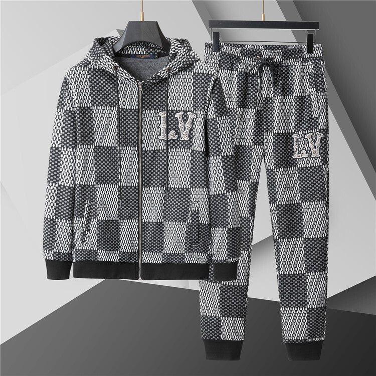 Luxury Checkerboard Tracksuit – Black & White Zip Hoodie Set