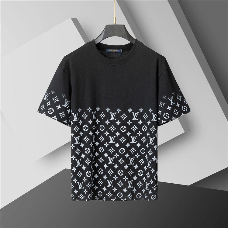 Black t-shirt with white pattern on a gray background