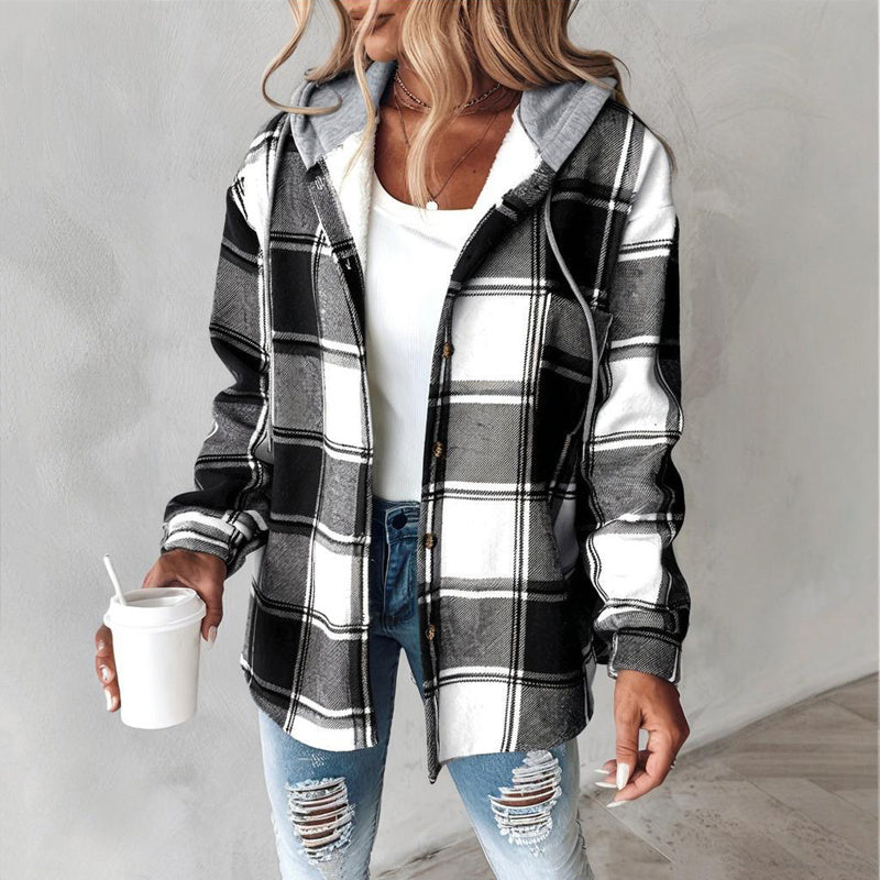Plaid Drawstring Hoodie Shirt