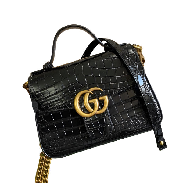 Gucci 547260 GG Marmont Mini Crocodile Pattern Top Handle Bag Black - TruVybe Essentials
