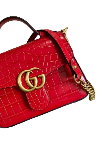 Gucci 547260 GG Marmont Mini Crocodile Pattern Top Handle Bag Red - TruVybe Essentials
