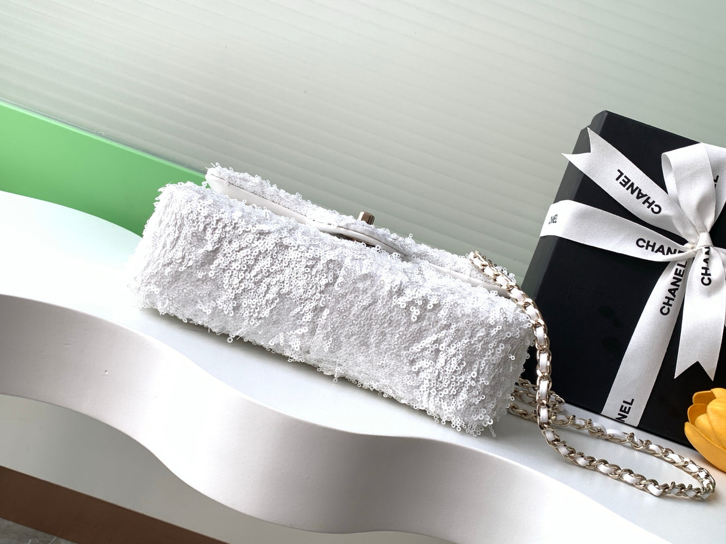 Mini Rectangular Fringe Flap Bag – White Sequin