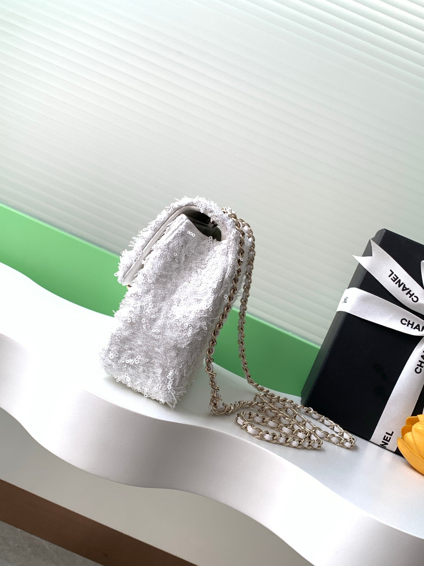 Mini Rectangular Fringe Flap Bag – White Sequin