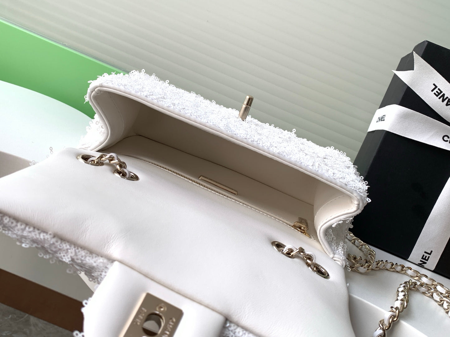 Mini Rectangular Fringe Flap Bag – White Sequin