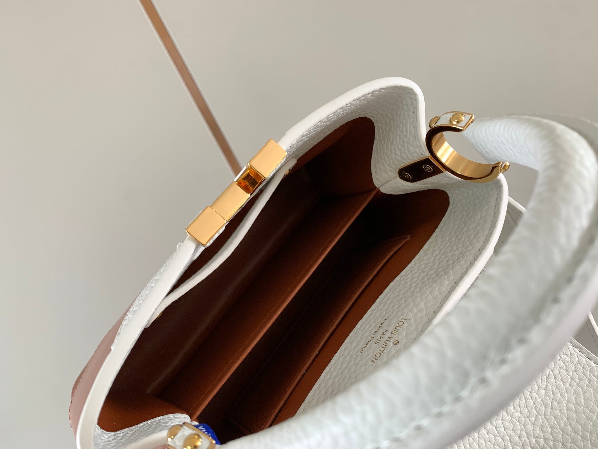 inside Capucines Mini Bag – Fraise Pink / Pistache Green
