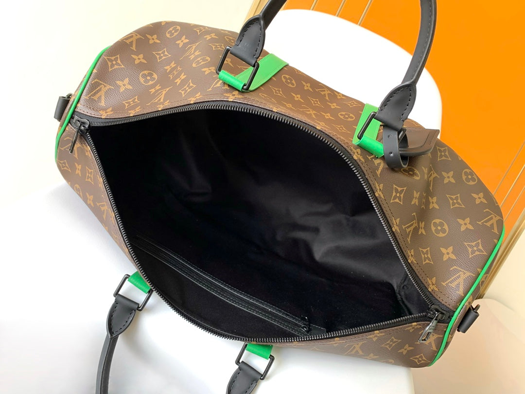 inside Large Canvas Travel Bag Brown & Green Monogram Keepall 50