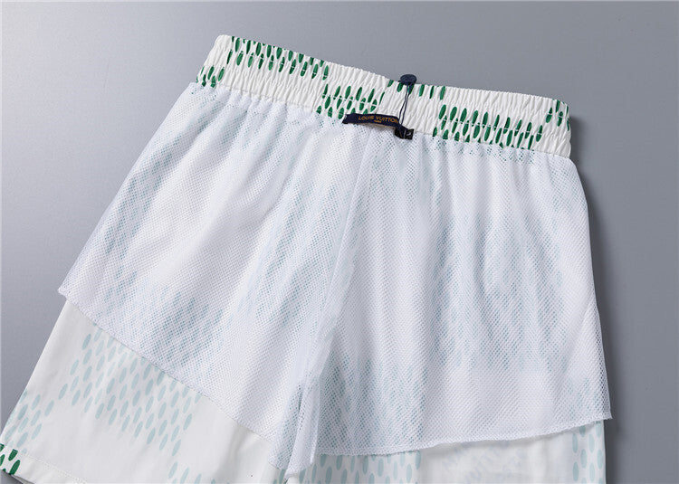 lined Jacquard Short-Sleeve Crewneck T-Shirt & Lined Shorts Set – Green & White
