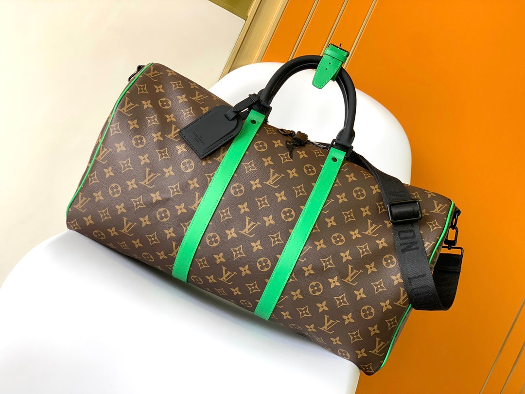oth Large Canvas Travel Bag Brown & Green Monogram Keepall 50
