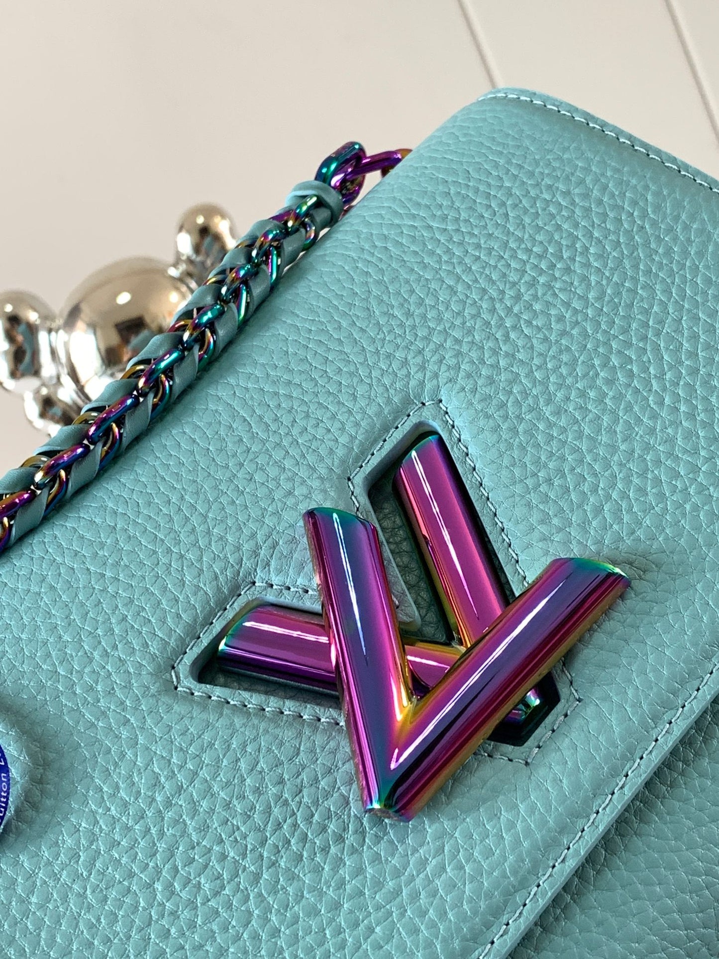 s,Summer Splash Twist MM bag  iridescent blue grained calfskin leather ;;