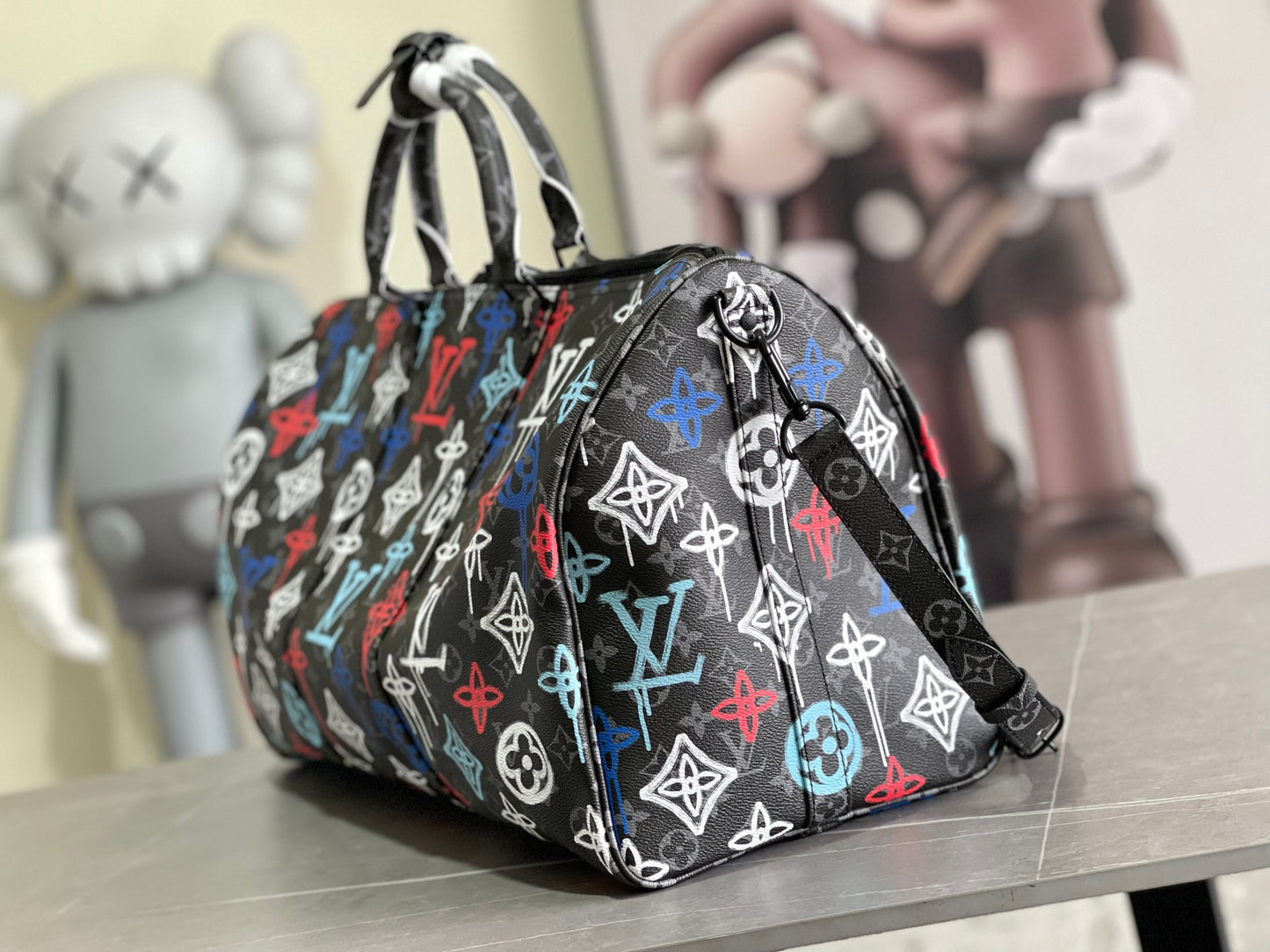 side  Keepall 50B  - Graffitti Art Style Monogram Travel Bag – Adjustable Shoulder Strap