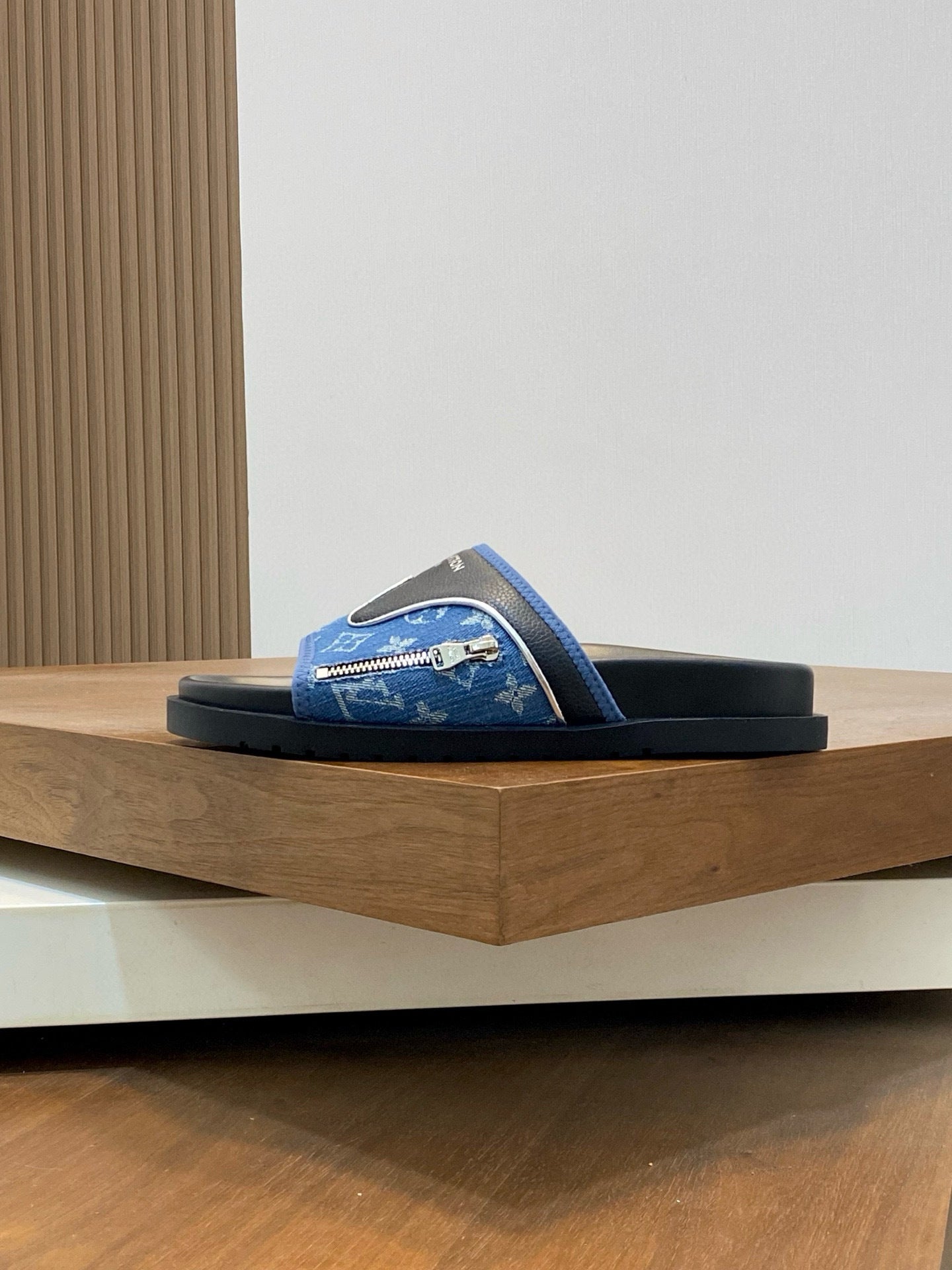 Monogram-Style Slide Sandals – Denim & Black Slip-On Casual Slides