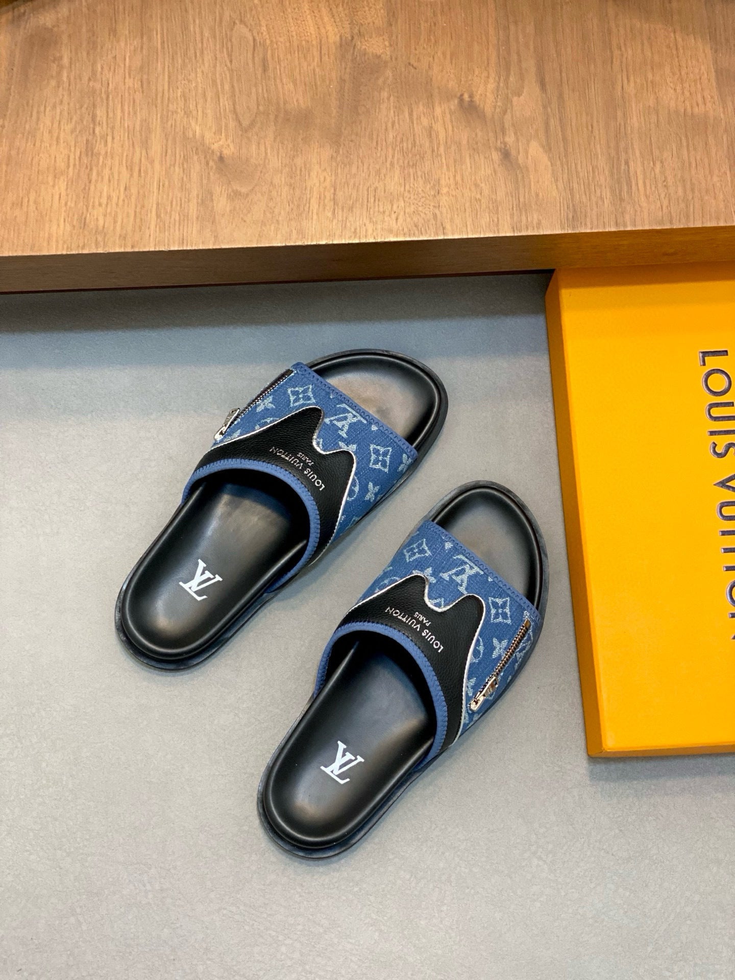 Monogram-Style Slide Sandals – Denim & Black Slip-On Casual Slides