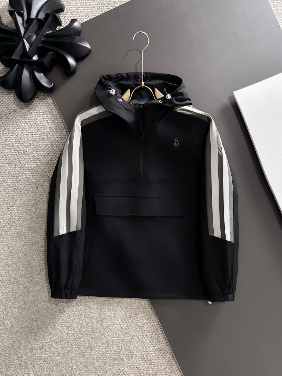 top front Black Hooded Anorak Jacket & Track Pants Set